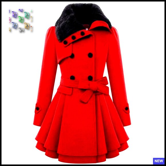 Faux Fur Lapel Wool Trench Coat Double-Breasted Winter Warm Elegant Chic